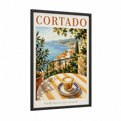 Mediterranean Coastal Cafe Coffee Wall Art framed art print — black wood frame — blue and beige palette