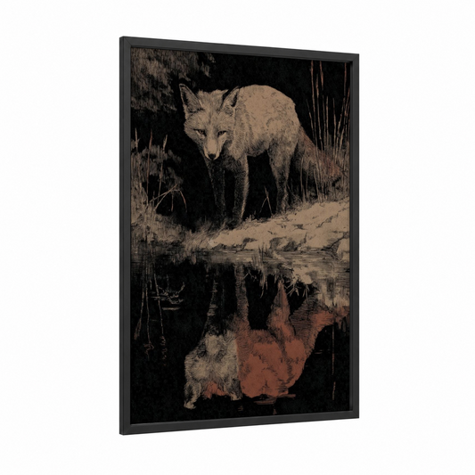 Nighttime Fox Reflection framed art print — black wood frame — black and white and russet palette