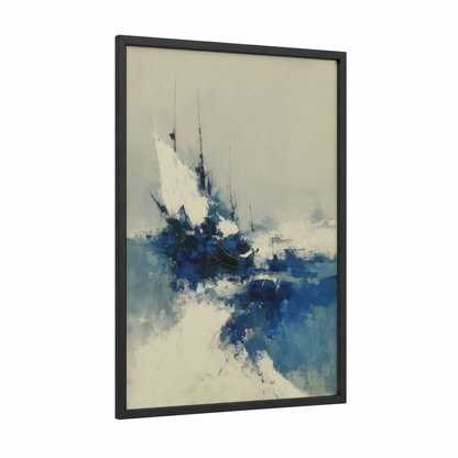 Misty Sailboat framed yacth print — black wood frame — blue and white and cream palette