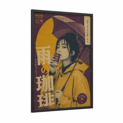 Vintage Japanese Coffee Advertisement Wall Art framed art print — black wood frame — yellow and maroon palette