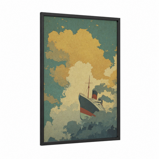 Golden Hour Cruise framed cruise ship print — black wood frame — gold and teal palette