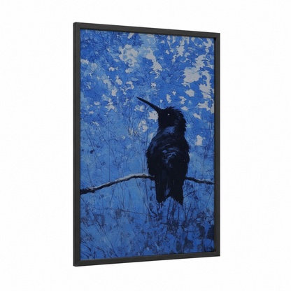 Midnight Hummingbird framed art print — black wood frame — blue and black and white palette