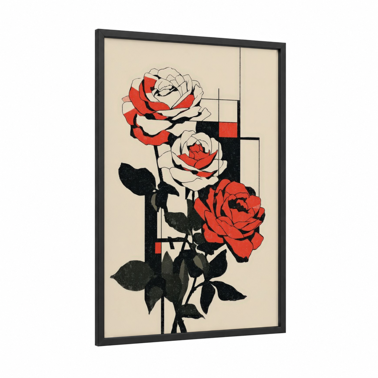 Geometric Roses framed art print — black wood frame — red and black and white palette
