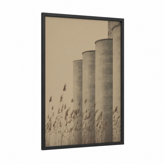 Industrial Grain framed art print — black wood frame — beige and gray palette