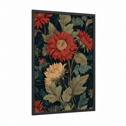 Crimson Sunflower Garden framed art print — black wood frame — red and black palette