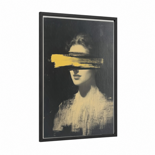 Blindfolded Portrait framed abstract classic print — black wood frame — black and white and yellow gold palette