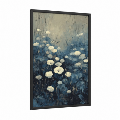 Misty Dandelion Field framed flower field print — black wood frame — blue and white palette