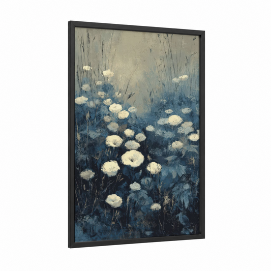 Misty Dandelion Field framed flower field print — black wood frame — blue and white palette