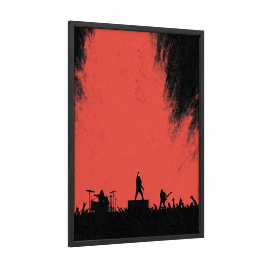 Crimson Stage Rebellion framed death metal print — black wood frame — red and black palette