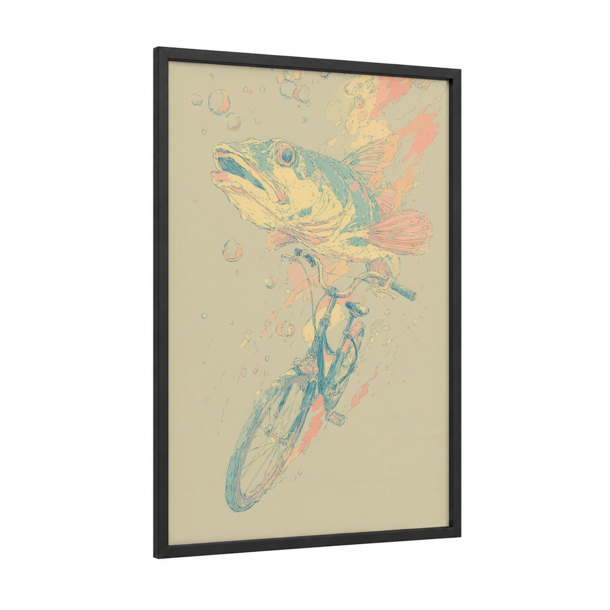 Fishing Snook framed art print — black wood frame — teal and salmon pink palette
