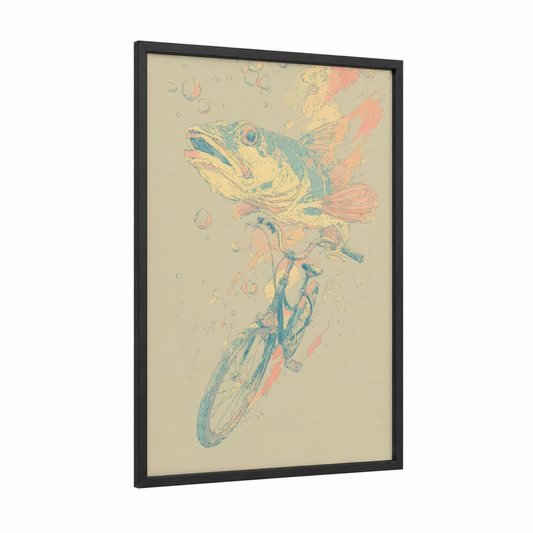 Fishing Snook framed art print — black wood frame — teal and salmon pink palette