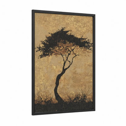 Solitary Acacia framed savanna and desert trees print — black wood frame — gold and black palette
