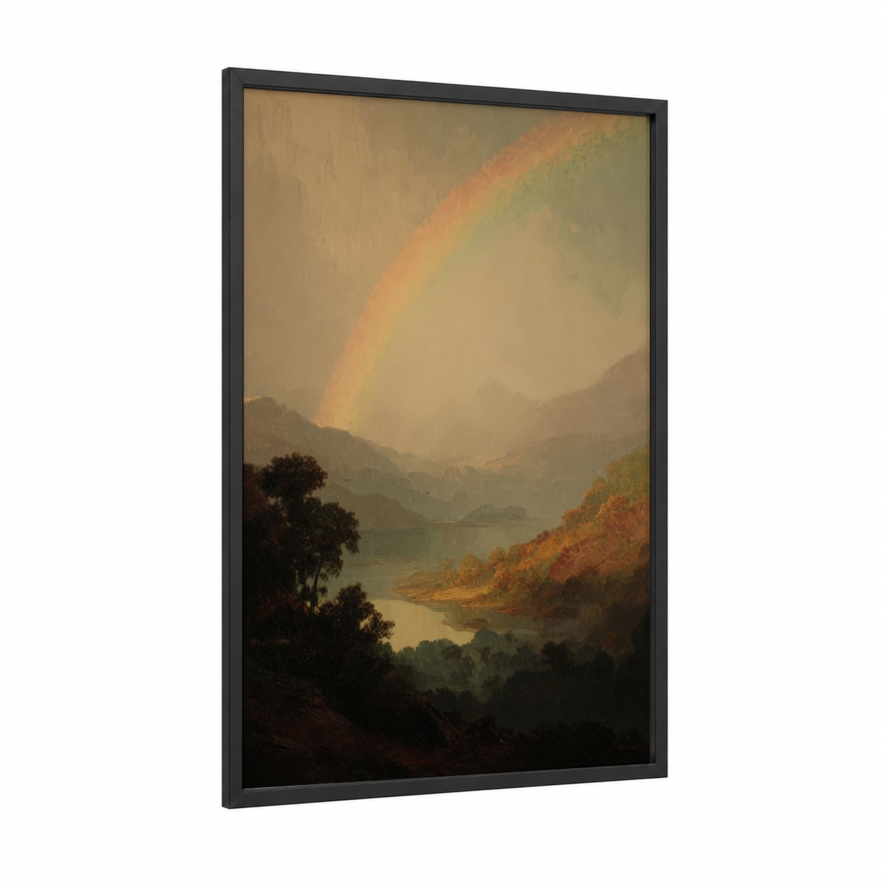 Mountain Rainbow framed art print — black wood frame — gold and sage green palette
