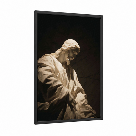 Serene Savior framed jesus christ print — black wood frame — black and white and cream palette