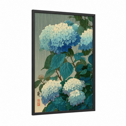 Blue Hydrangea Rain framed art print — black wood frame — blue and green palette