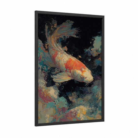 Celestial Koi framed koi fish print — black wood frame — gold and teal palette