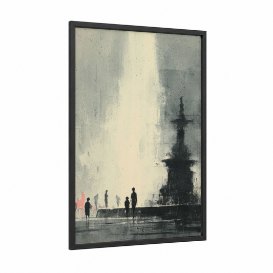 Misty Fountain Plaza framed fountains print — black wood frame — gray and cream palette