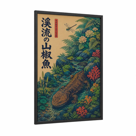 Japanese Mountain Stream Fish Wall Art framed fresh water fish print — black wood frame — teal and gold palette