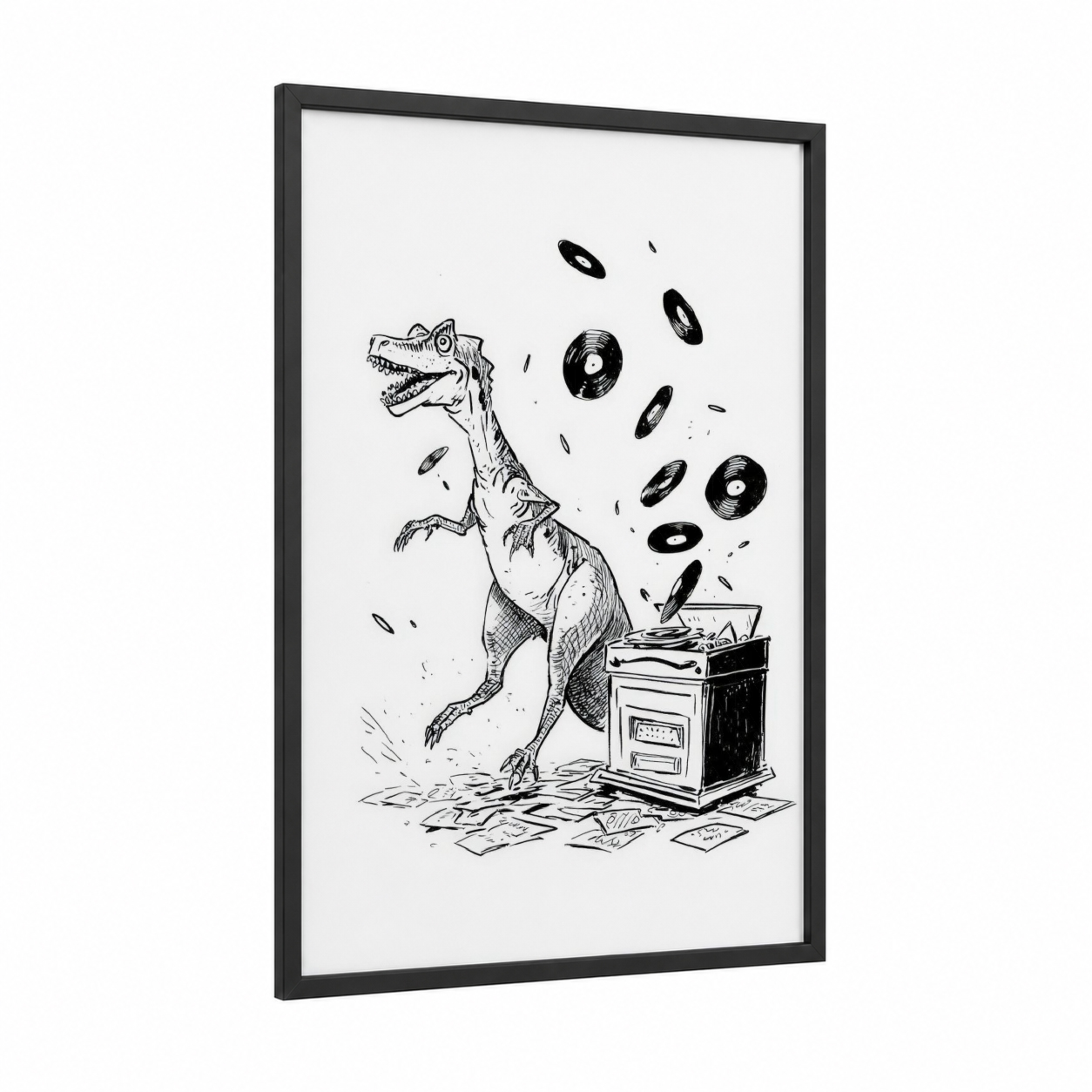 Vinyl Dinosaur framed art print — black wood frame — black and white palette
