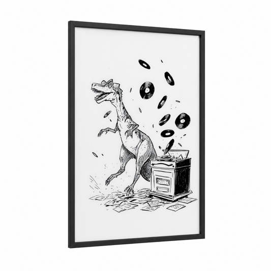 Vinyl Dinosaur framed art print — black wood frame — black and white palette