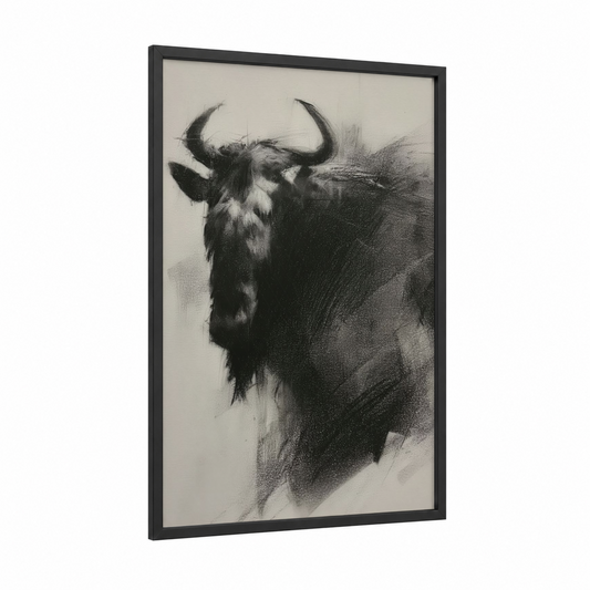 Majestic Antelope framed art print — black wood frame — black and white palette