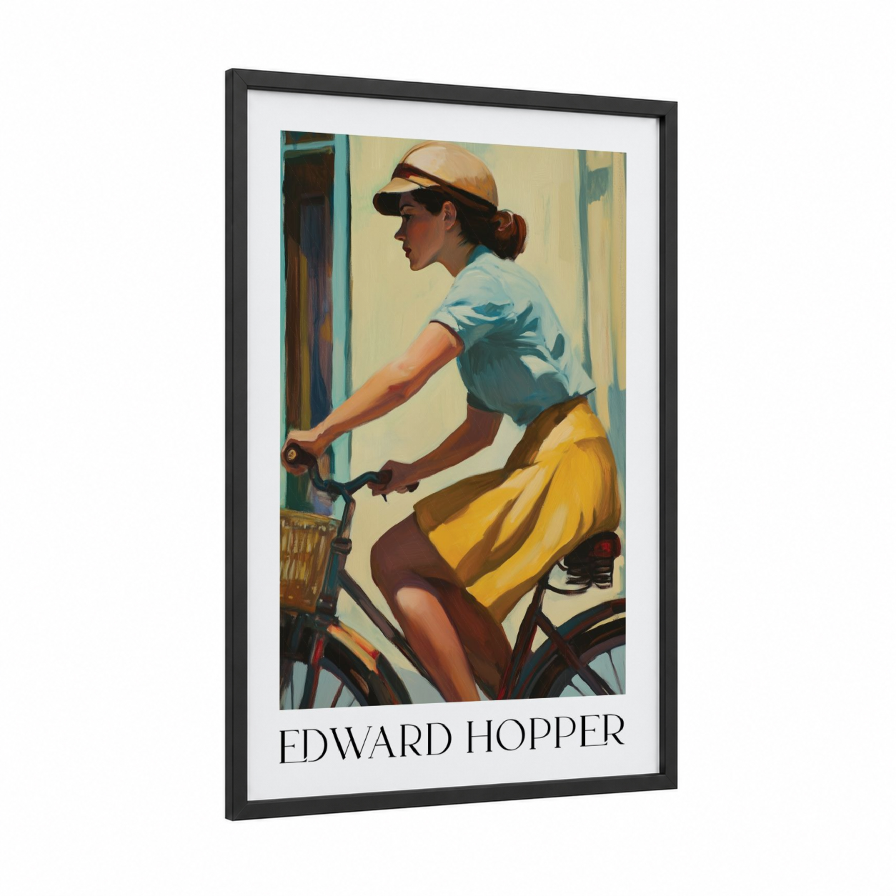 Cyclist in Motion framed urban bicycle print — black wood frame — yellow and blue palette