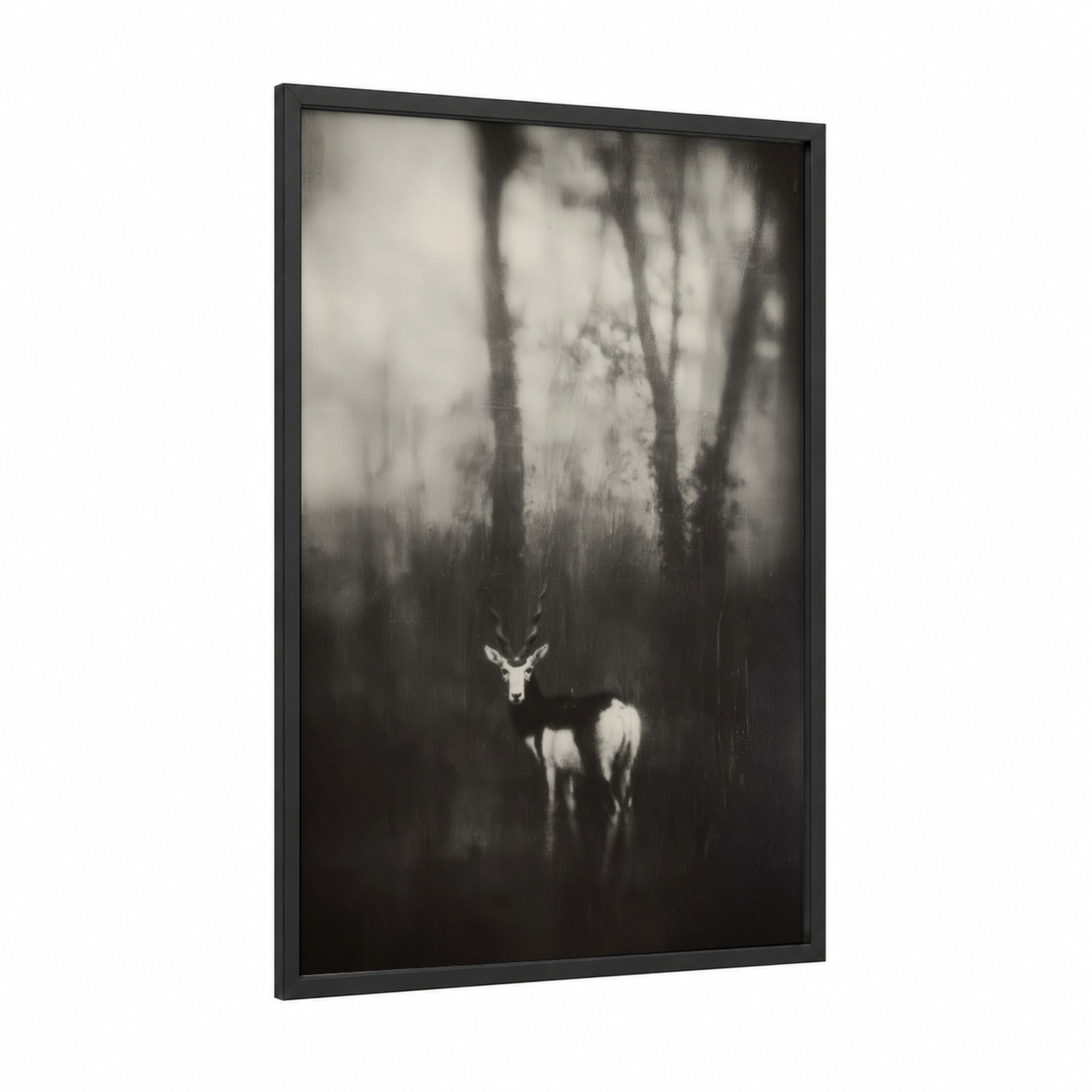 Misty Antelope framed art print — black wood frame — black and white and gray palette