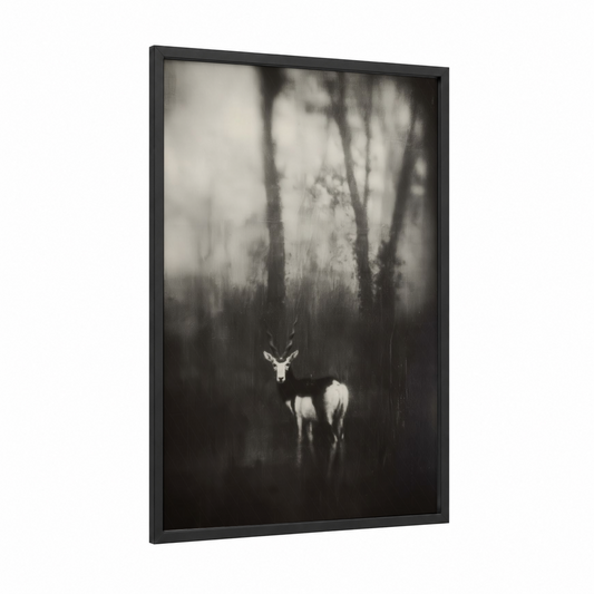 Misty Antelope framed art print — black wood frame — black and white and gray palette