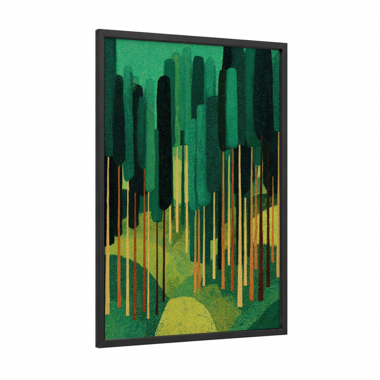 Emerald Cedar Forest framed art print — black wood frame — dark green and yellow gold palette
