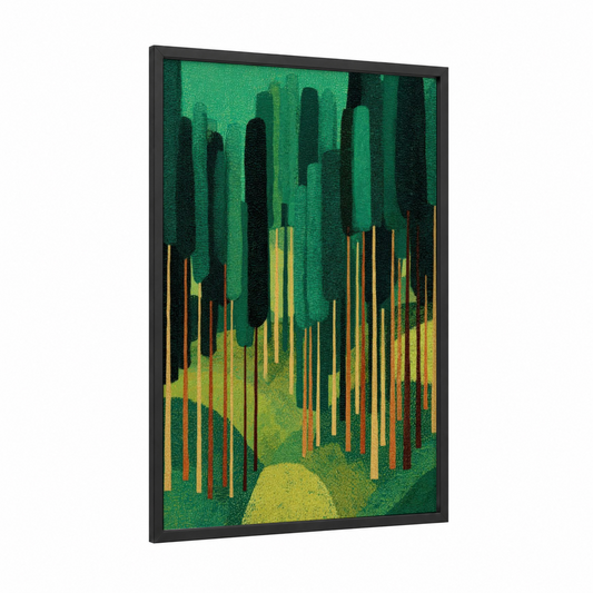 Emerald Cedar Forest framed art print — black wood frame — dark green and yellow gold palette