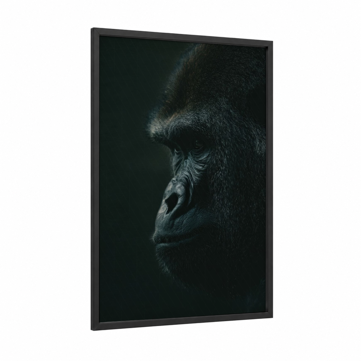Contemplative Gorilla framed art print — black wood frame — black and gray palette