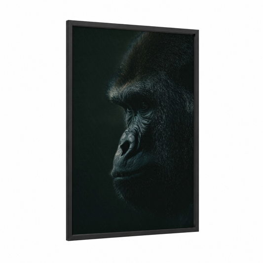 Contemplative Gorilla framed art print — black wood frame — black and gray palette