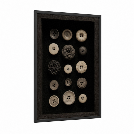 Vintage Button Collection framed knitting and sewing print — black wood frame — black and white and cream palette