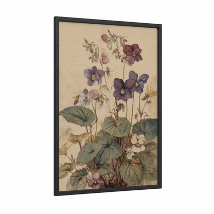 Garden Violets Study framed art print — black wood frame — lavender and sage green palette