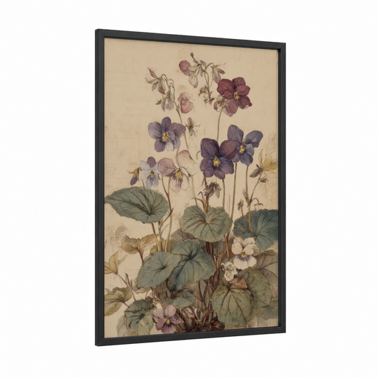 Garden Violets Study framed art print — black wood frame — lavender and sage green palette