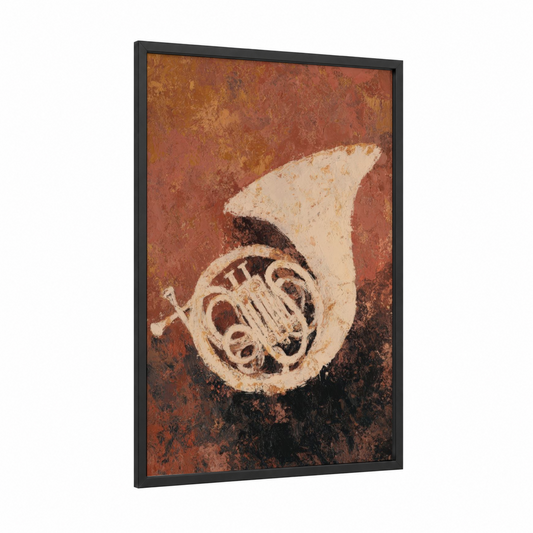 Vintage French Horn framed art print — black wood frame — russet and cream palette