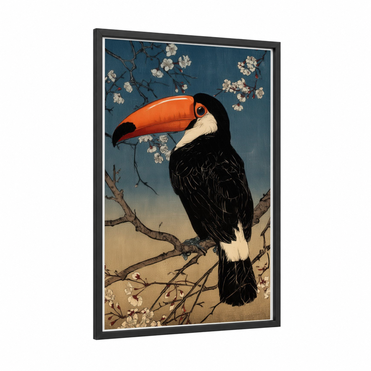 Blossoming Toucan framed art print — black wood frame — dark blue and cream palette