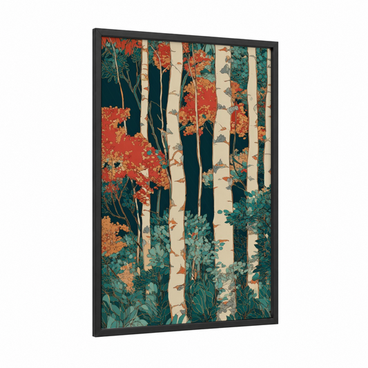 Autumn Birch Forest framed art print — black wood frame — teal and red palette
