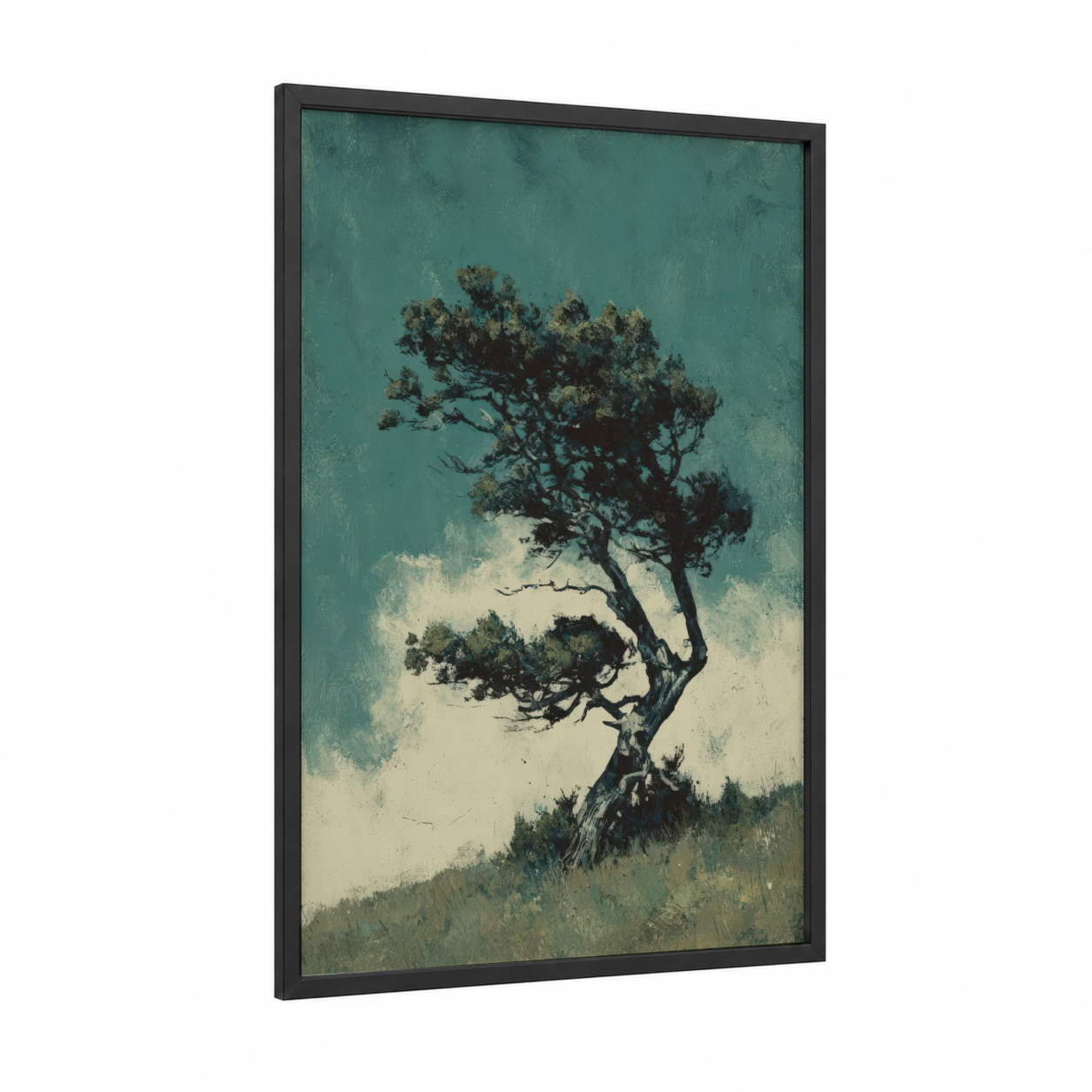 Windswept Juniper framed juniper tree print — black wood frame — teal and cream palette