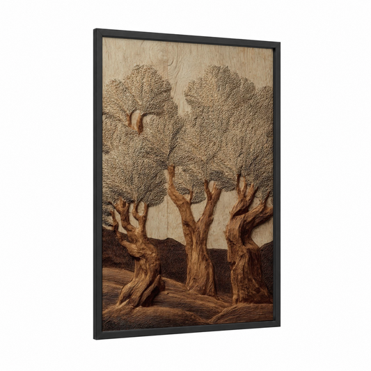 Ancient Olive Trees framed woodcarving print — black wood frame — beige and brown palette