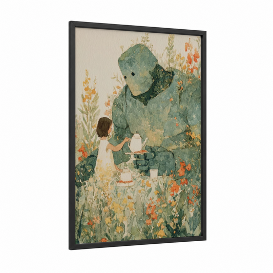Garden Tea Party framed kids magic and fantasy print — black wood frame — sage green and peach palette