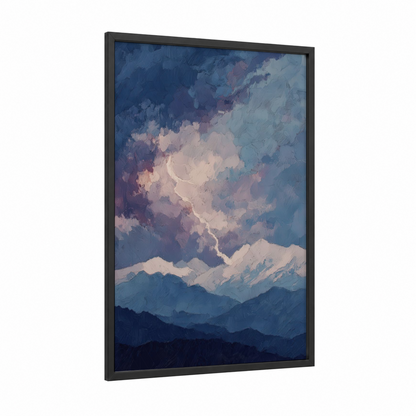Storm Peak Lightning framed art print — black wood frame — blue and cream palette