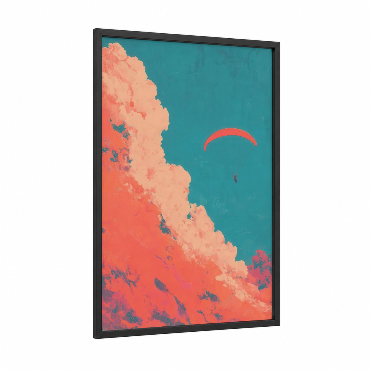 Coastal Paraglider framed paragliding print — black wood frame — turquoise and salmon pink palette