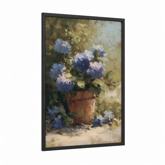 Rustic Hydrangea Bloom framed art print — black wood frame — blue and gold palette