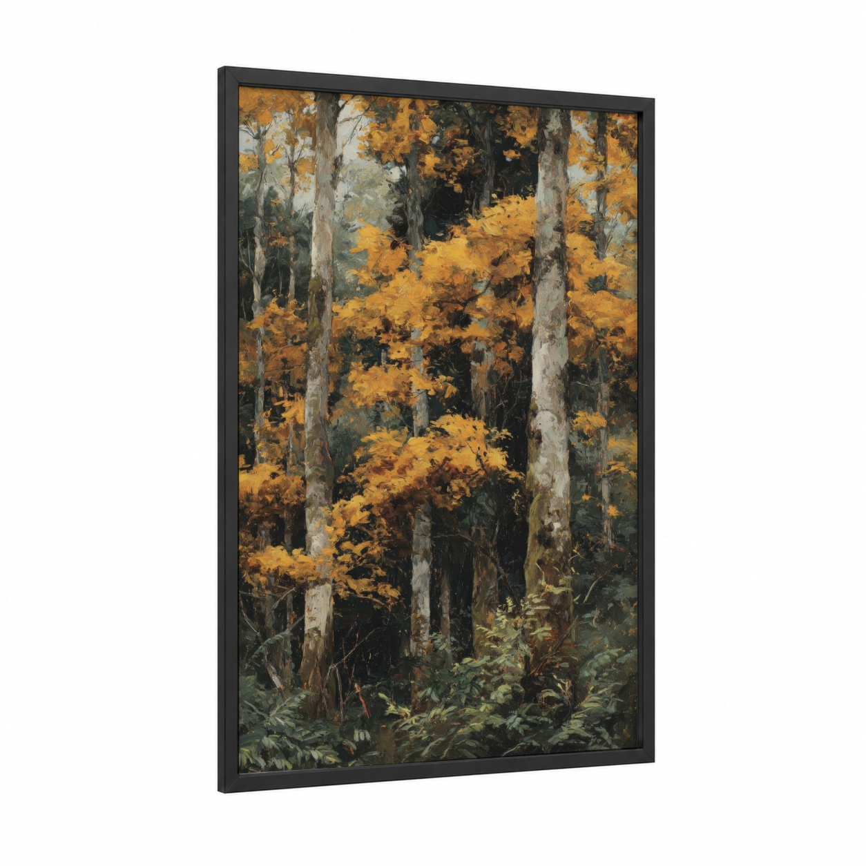 Golden Kauri Forest framed kauri tree print — black wood frame — gold and gray palette