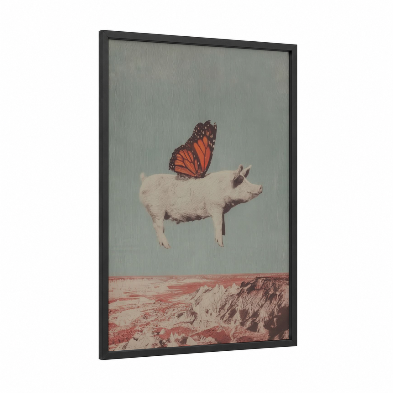 Monarch Pig framed art print — black wood frame — gray and russet palette