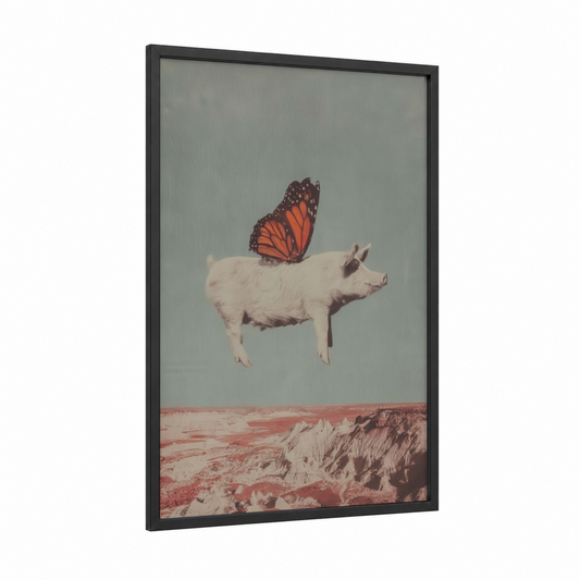 Monarch Pig framed art print — black wood frame — gray and russet palette
