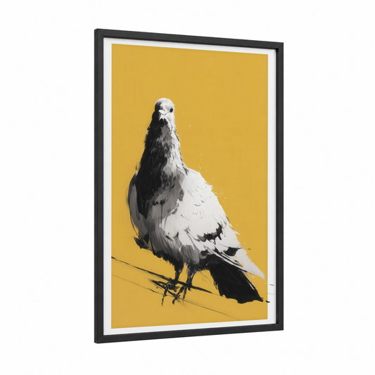 Golden Pigeon framed art print — black wood frame — yellow gold and black and white palette