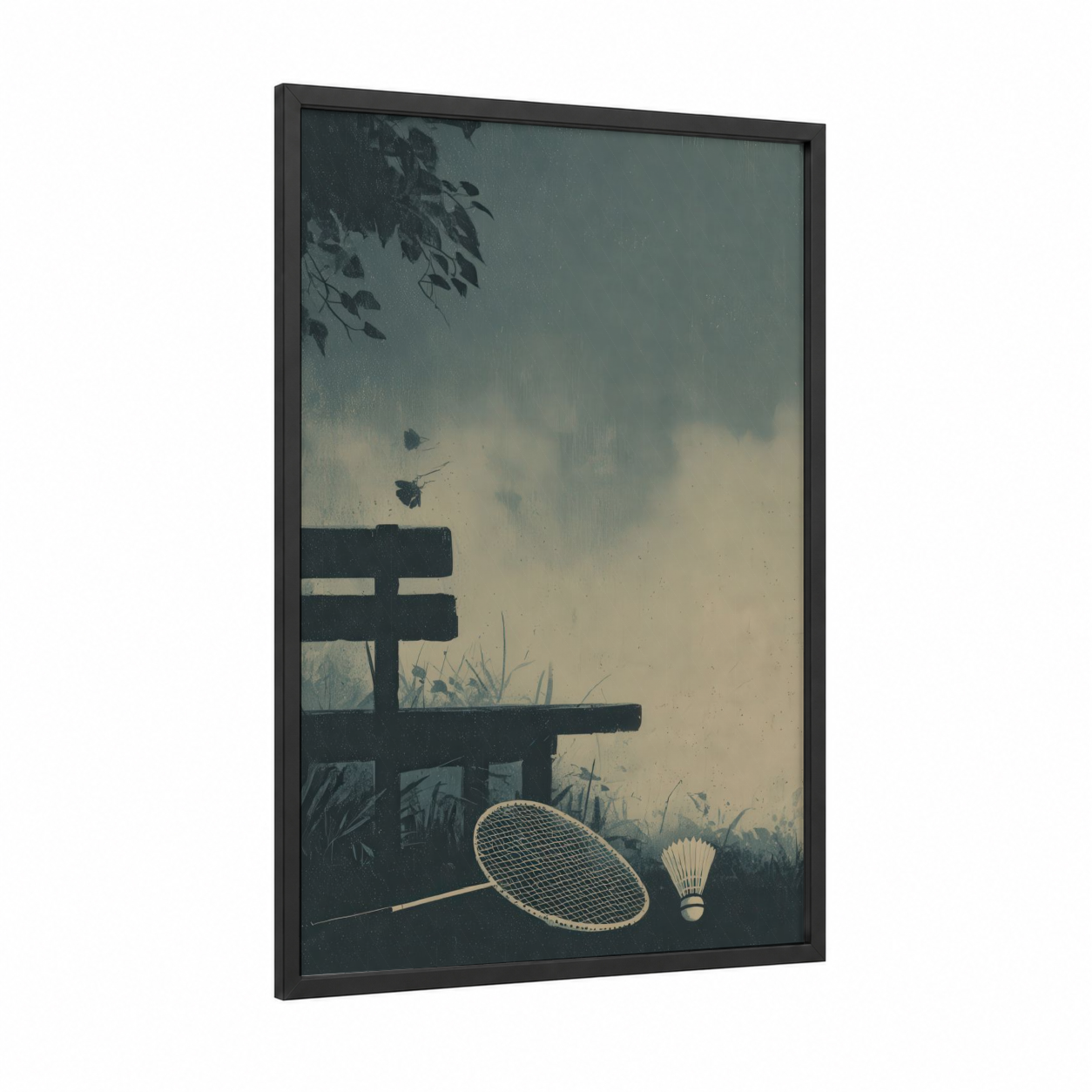 Rainy Badminton framed art print — black wood frame — gray and dove gray palette