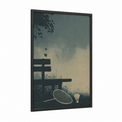 Rainy Badminton framed art print — black wood frame — gray and dove gray palette